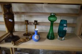 MIXED LOT COMPRISING A GREEN GLASS STEM VASE WITH SILVER RIM, PAIR OF CANDLESTICKS, ETC