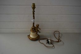 EARLY 20TH CENTURY TABLE LAMP BASE WITH GILT METAL AND MARBLED DETAIL AND CHERUB DECORATION