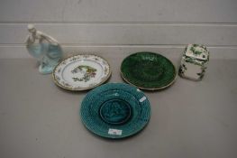 MIXED LOT OF 19TH CENTURY GREEN GLAZED DECORATED PLATES, A POT POURRI JAR AND A SMALL FIGURINE