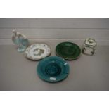 MIXED LOT OF 19TH CENTURY GREEN GLAZED DECORATED PLATES, A POT POURRI JAR AND A SMALL FIGURINE