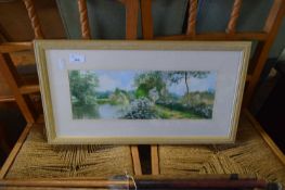 20TH CENTURY SCHOOL STUDY OF A RIVERSIDE PATH, WATERCOLOUR, INITIALLED 'GH', F/G, 58CM WIDE