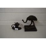 CONTEMPORARY BRONZE SMALL MODEL OF AN OSTRICH ON PLINTH BASE, SIGNED 'MILO', TOGETHER WITH A FURTHER