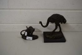 CONTEMPORARY BRONZE SMALL MODEL OF AN OSTRICH ON PLINTH BASE, SIGNED 'MILO', TOGETHER WITH A FURTHER