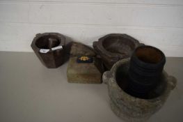 COLLECTION VARIOUS STONE PESTLES AND MORTARS TOGETHER WITH A FURTHER STONE WEIGHT