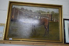 YEARLING, PARK PADDOCKS, NEWMARKET, STUDY OF A HORSE, OIL ON CANVAS, GILT FRAMED BEARING ERRONEOUS