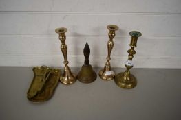 MIXED LOT: BRASS CANDLESTICKS, CANDLE SNUFFERS, SMALL BELL ETC