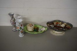 MIXED LOT COMPRISING 19TH CENTURY IRONSTONE PEDESTAL TAZZA (A/F) PLUS FURTHER VASES, LEAF FORMED