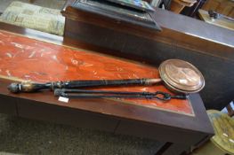 COPPER BED WARMING PAN AND A PAIR OF IRON FIRE TONGS
