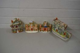 FOUR VARIOUS STAFFORDSHIRE MODELS OF HOUSES AND CASTLES