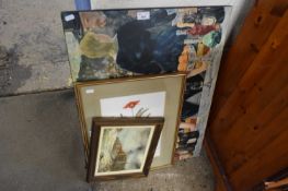 MIXED LOT COMPRISING COLOURED PRINT OF HARVEST MICE, SMALL OIL OF SAND DUNES AND OTHERS