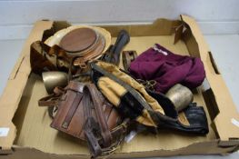 BOX VARIOUS SILVER PLATED GOBLETS, LEATHER STRAPS, VINTAGE WOODEN AND METAL PULLEY ETC