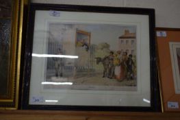 Set three coloured 19th century engravings, "The Show", "Punch" each approx 25cm x 35cm and Coloured