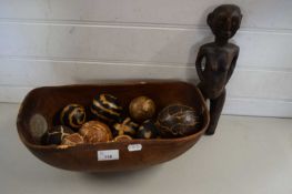 MIXED LOT COMPRISING A WOODEN DUGOUT BOWL, ETHNIC FIGURE AND A SELECTION OF DRIED GOURD ORNAMENTS