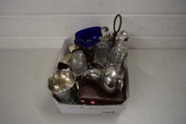 BOX VARIOUS MIXED ITEMS TO INCLUDE SILVER TOPPED DRESSING TABLE JAR, VARIOUS SILVER PLATED