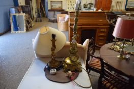 BRASS TABLE LAMP WITH CHERUB DECORATION PLUS ONE OTHER (2)