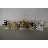 MIXED LOT COMPRISING PAIR STAFFORDSHIRE FIGURES ON GOATS, TOGETHER WITH THREE FURTHER