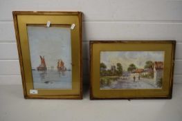 FREDERICK WAUGH, STUDY OF FISHING BOATS AND STUDY OF A SHEPHERD ON A VILLAGE ROAD, WATERCOLOURS, F/G