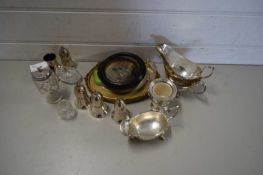 MIXED LOT VARIOUS SILVER PLATED CRUET ITEMS, SAUCE LADLES, SMALL FRAMED PRINTS ETC