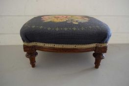 SMALL VICTORIAN FOOT STOOL ON TURNED LEGS WITH TAPESTRY TOP
