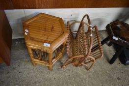 WICKER MAGAZINE RACK AND A SMALL BAMBOO TABLE