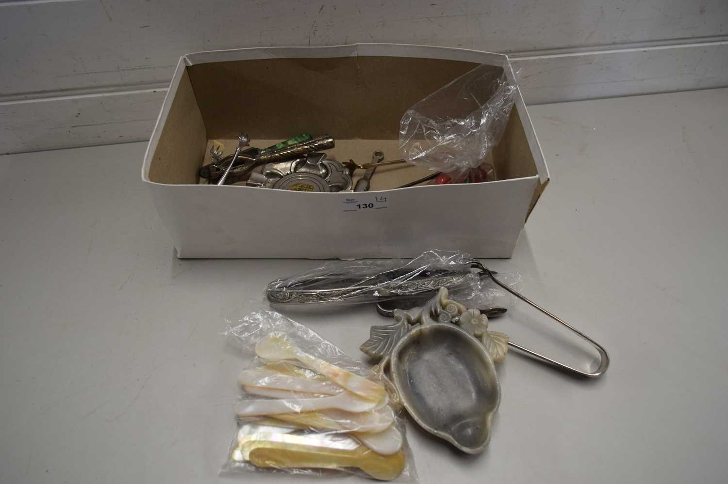 MIXED LOT VARIOUS SMALL MOTHER OF PEARL SPOONS, NUTCRACKERS, SOAPSTONE ASHTRAY ETC