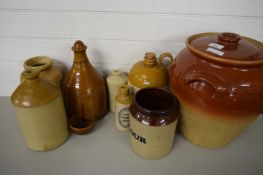 MIXED LOT VARIOUS STONEWARE FLAGONS, STONEWARE POULTRY DRINKER AND AN EGG CROCK