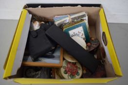 BOX OF VARIOUS ITEMS, WALLETS, PLACE MATS ETC