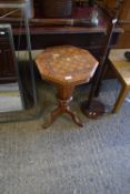 VICTORIAN WALNUT AND INLAID TRUMPET WORK TABLE WITH OCTAGONAL TOP, 44CM WIDE (A/F)