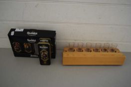BOXED GLENFIDDICH MINIATURE WHISKYS, TOGETHER WITH A WOODEN CASED BOX OF SHOT GLASSES