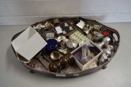 SILVER PLATED TRAY CONTAINING VARIOUS CONDIMENT ITEMS AND OTHERS