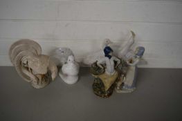 MIXED LOT VARIOUS POTTERY MODELS OF BIRDS PLUS TWO FIGURINES