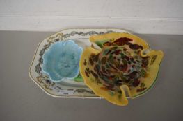 MIXED LOT COMPRISING AN ART GLASS DISH, OCTAGONAL MEAT PLATE AND A FURTHER PRESSED GLASS DISH