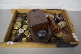 BOX VARIOUS CLOCK PENDULUMS, A VINTAGE STERLING TELEPHONE WITH WALL MOUNTING ATTACHMENT ETC