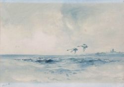 Jack Cox (British 1914-2007), A pair of swans in flight over coastal waters. Watercolour on card,