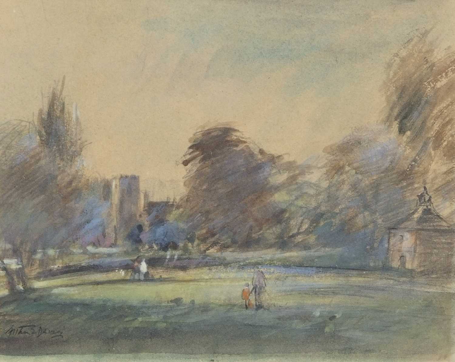 Arthur E Davies, RBA, RCA (1893-1988), Earlham Park and Church, Norwich, pastel, signed, 8.5 x