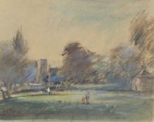 Arthur E Davies, RBA, RCA (1893-1988), Earlham Park and Church, Norwich, pastel, signed, 8.5 x