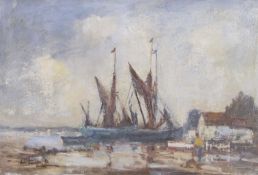 John Taunton (British 20th Century), Fishing boats beached. Oil on canvas, signed, 1981. 16.9x11.