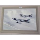Watercolour of RAF jets over the coast, signed by Eric Day 1983, in original mount but unframed 37 x