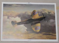 Group of aviation prints, print of a Spitfire by Keith Woodcock, with facsimile signature for