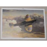 Group of aviation prints, print of a Spitfire by Keith Woodcock, with facsimile signature for