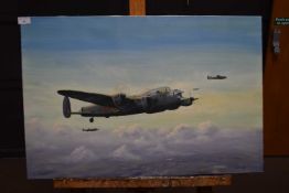 John Larder, oil on canvas of Lancaster Bombers, unframed, 50 x 77cm