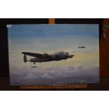 John Larder, oil on canvas of Lancaster Bombers, unframed, 50 x 77cm