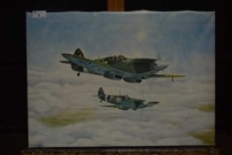 Print on canvas 'Duxford and Shuttleworth Spitfires' by John Winchentzon unframed39cm high 55cm