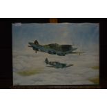 Print on canvas 'Duxford and Shuttleworth Spitfires' by John Winchentzon unframed39cm high 55cm