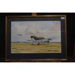 John Larder 1986 watercolour of Spitfires signed by artist lower right.35cm high 55cm wide