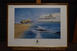 John Larder '50 Years Fly By" 1943-1993. Print of Lancaster Vulcan bomber and Harrier. Signed by the