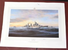 Two Marine prints by Robert Taylor, a first edition print of HMS Belfast, signed by Admiral Sir
