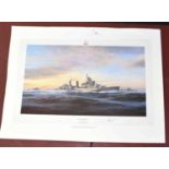 Two Marine prints by Robert Taylor, a first edition print of HMS Belfast, signed by Admiral Sir