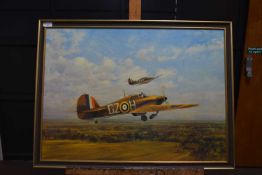 Gerald Coulson 'Into Battle' colour print of Hawker Hurricanes.55cm high 75cm wide