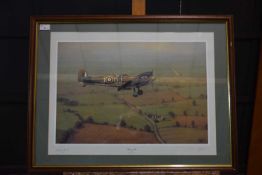 Print entitled 'Departing Piece' print of a spitfire signed Geoffery E. Lea limited edition number